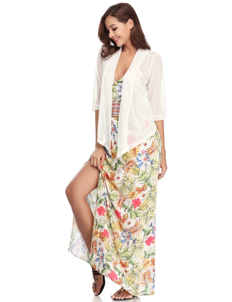 iClosam Womens Sheer Shrug Tie Front 3/4 Sleeve Cropped Bolero Cardigan White - Image 5